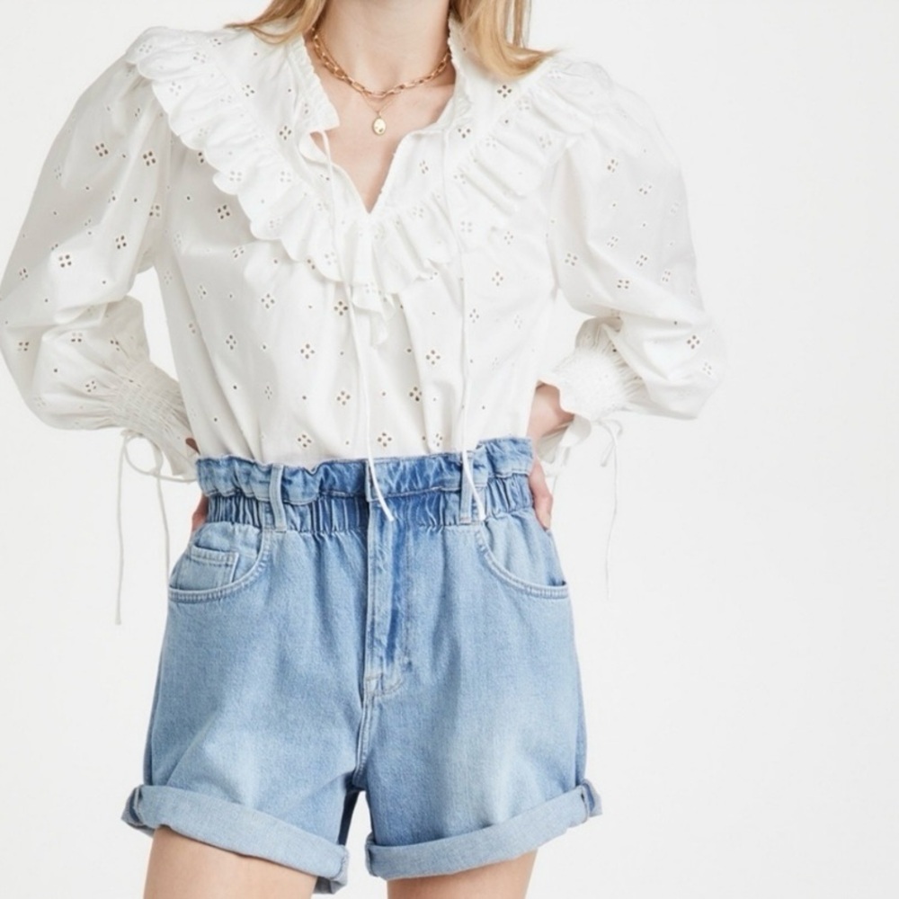 Frame Paperbag Waist Denim Shorts Light Blue Wash